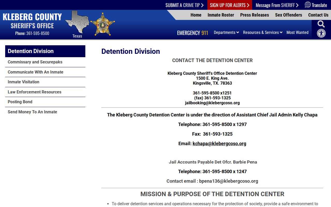 Kleberg County Detention Center release process and contact information