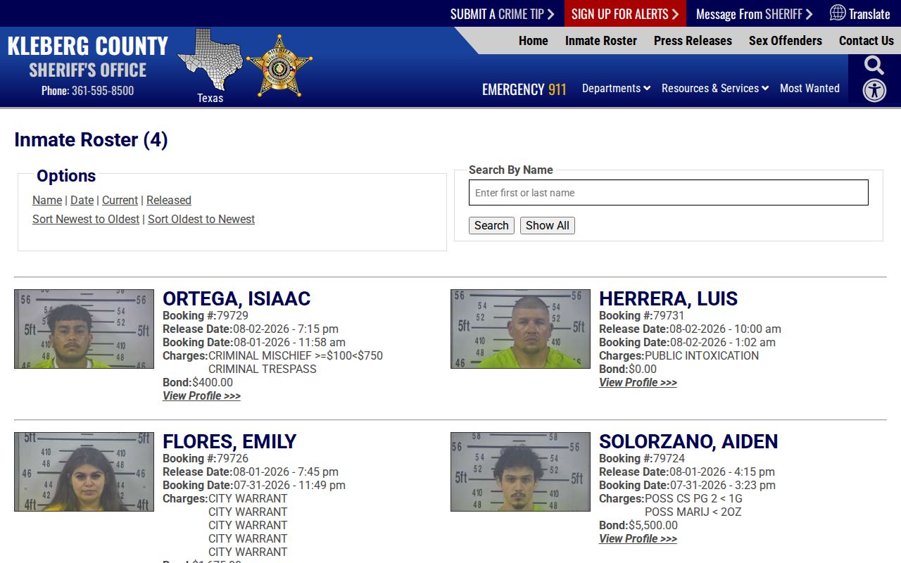 Kleberg County released inmate roster fields