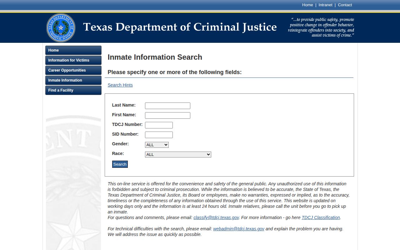 TDCJ search for Kleberg County state inmate release records