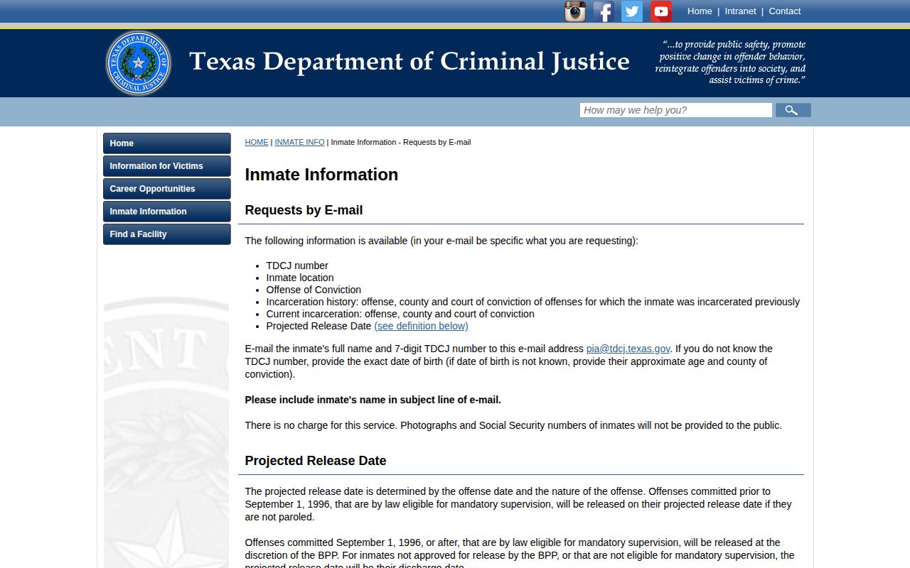 TDCJ incarceration history request for a Kleberg County actual release date